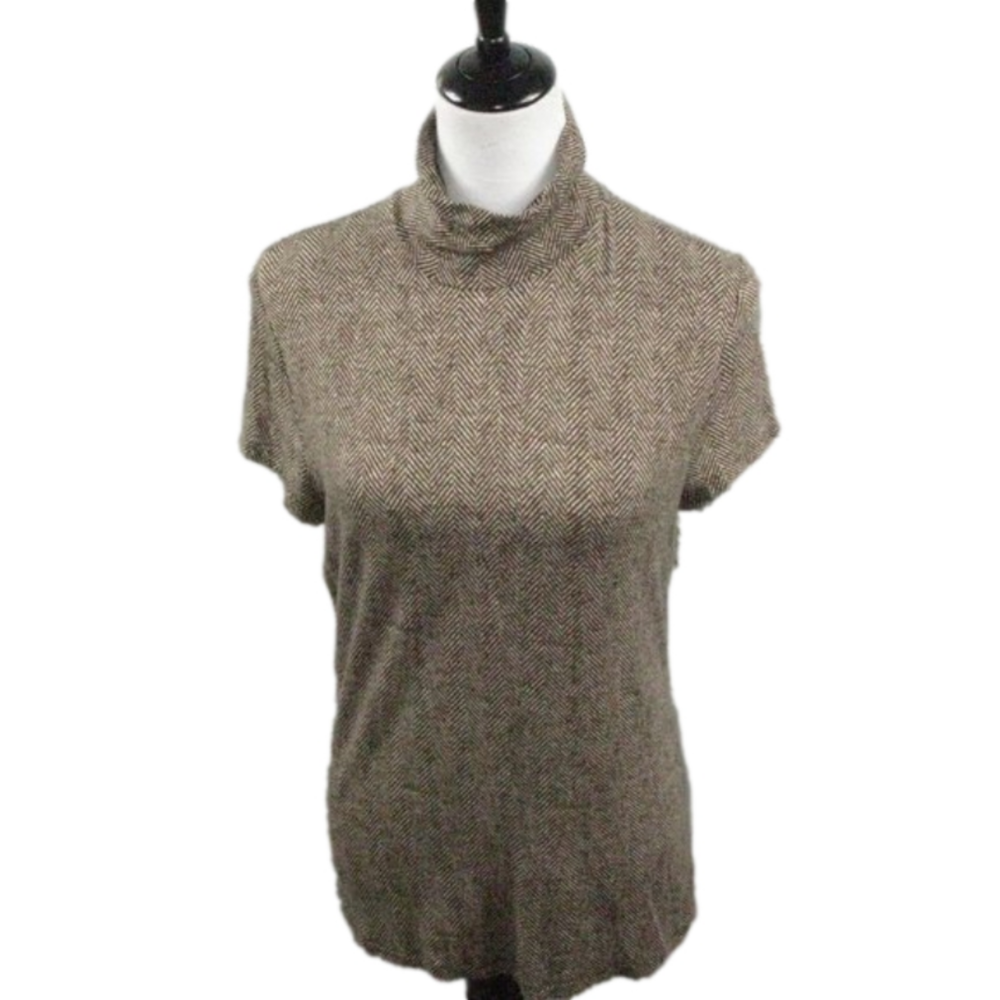 Lauren Ralph Lauren Brown/White Zig Zag Mock Neck Short Sleeve Top Size Large